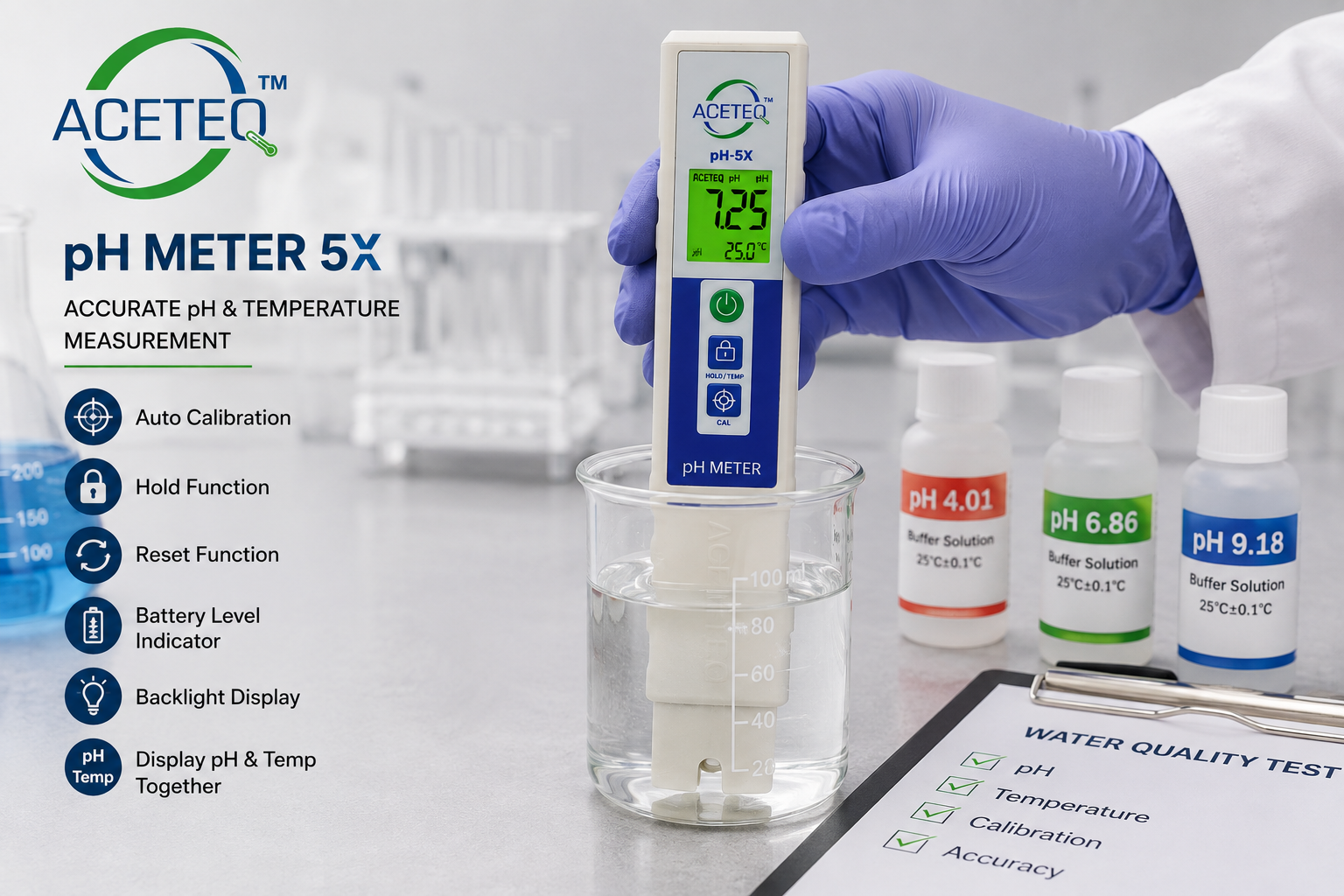 ACETEQ pH Meter 5X Digital pH Tester with Temperature Display, Auto Calibration, Hold & Reset Function
