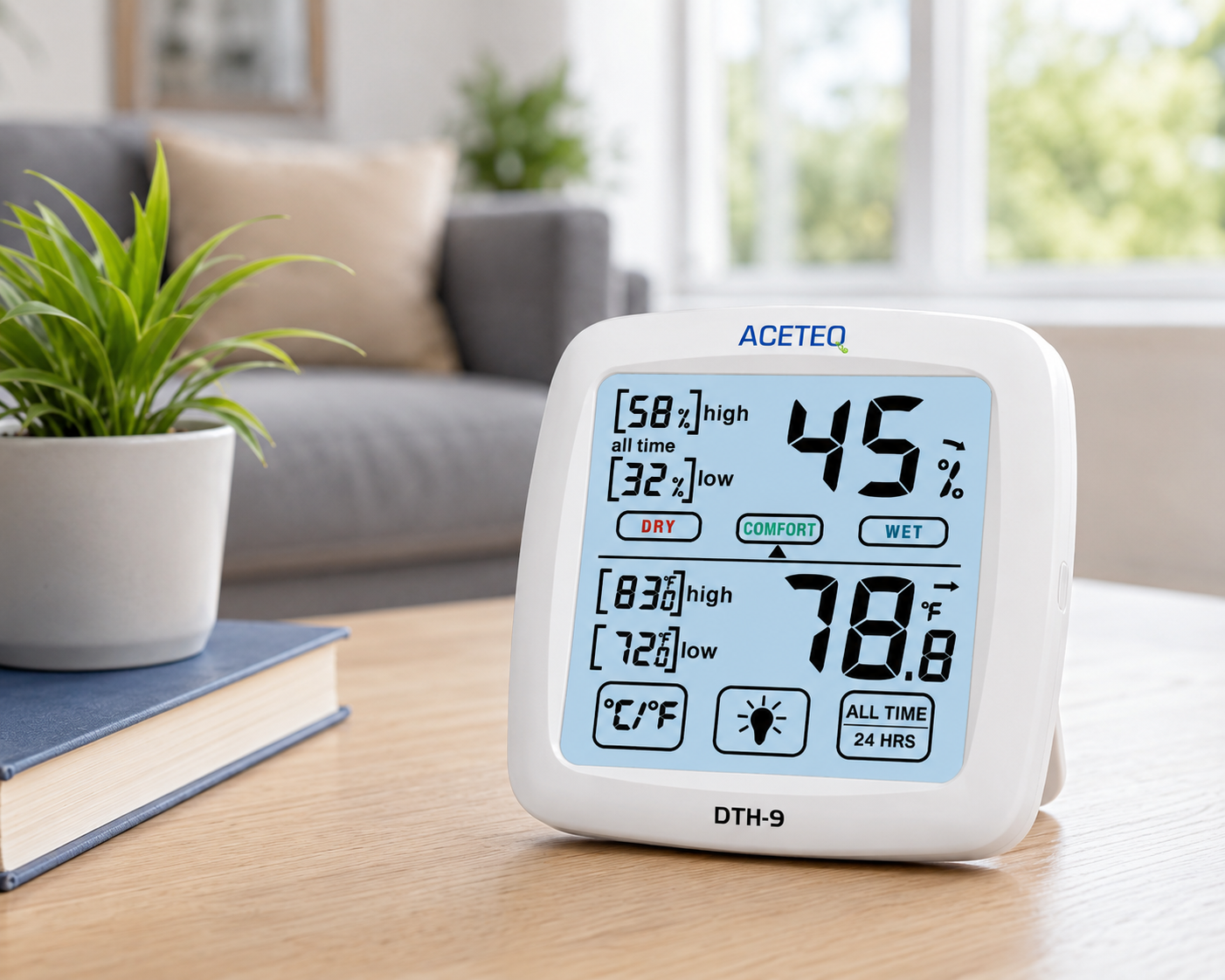 ACETEQ DTH-9 Digital Touch Screen Thermo-Hygrometer | Temperature & Humidity Meter | 500 ms Response Time | MAX/MIN Function | Large LCD Display | Laboratory & Indoor Monitoring