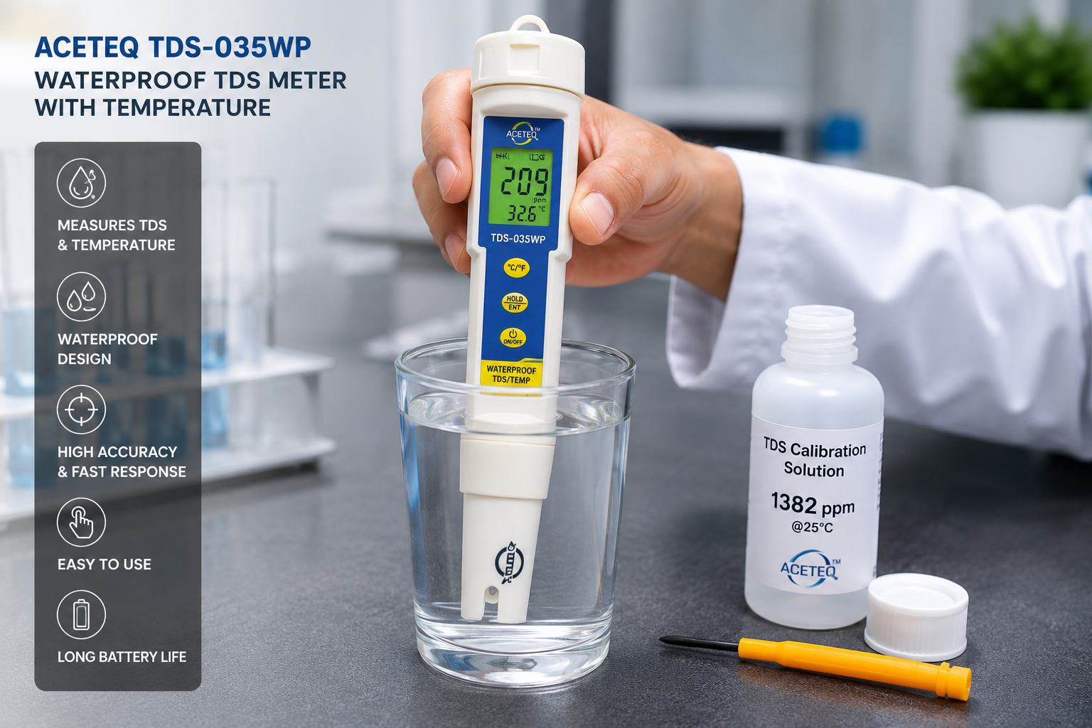 ACETEQ TDS-035WP Waterproof Digital TDS Meter with Temperature | 0–19,990 ppm | ±2% F.S. | -50°C to +70°C Temperature Display | Pen Type Water Quality Tester
