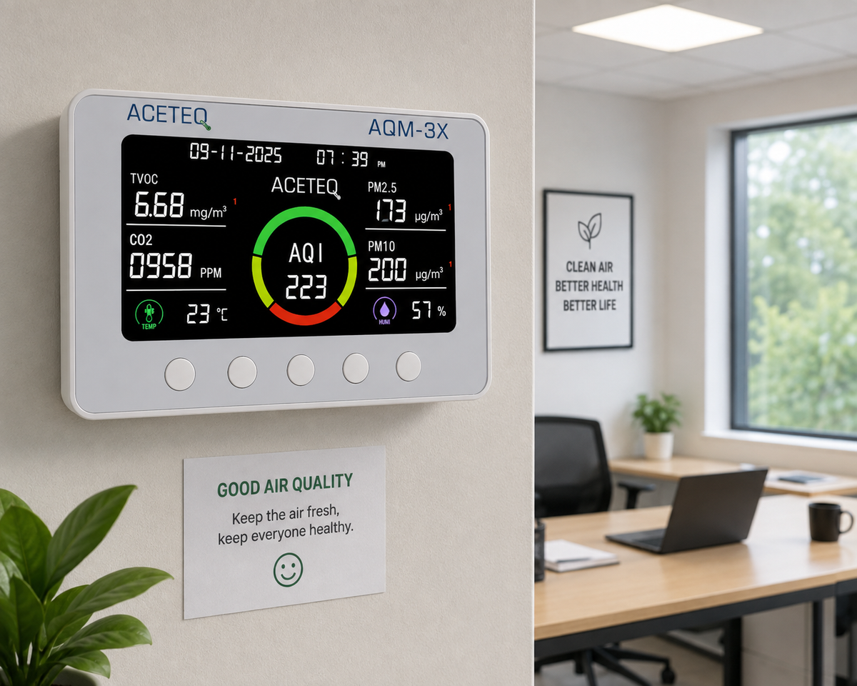 ACETEQ™ AQM-3X Smart IAQ Monitor | PM2.5, PM10, CO₂, TVOC, Temperature, Humidity & AQI | Indoor Air Quality Monitoring System