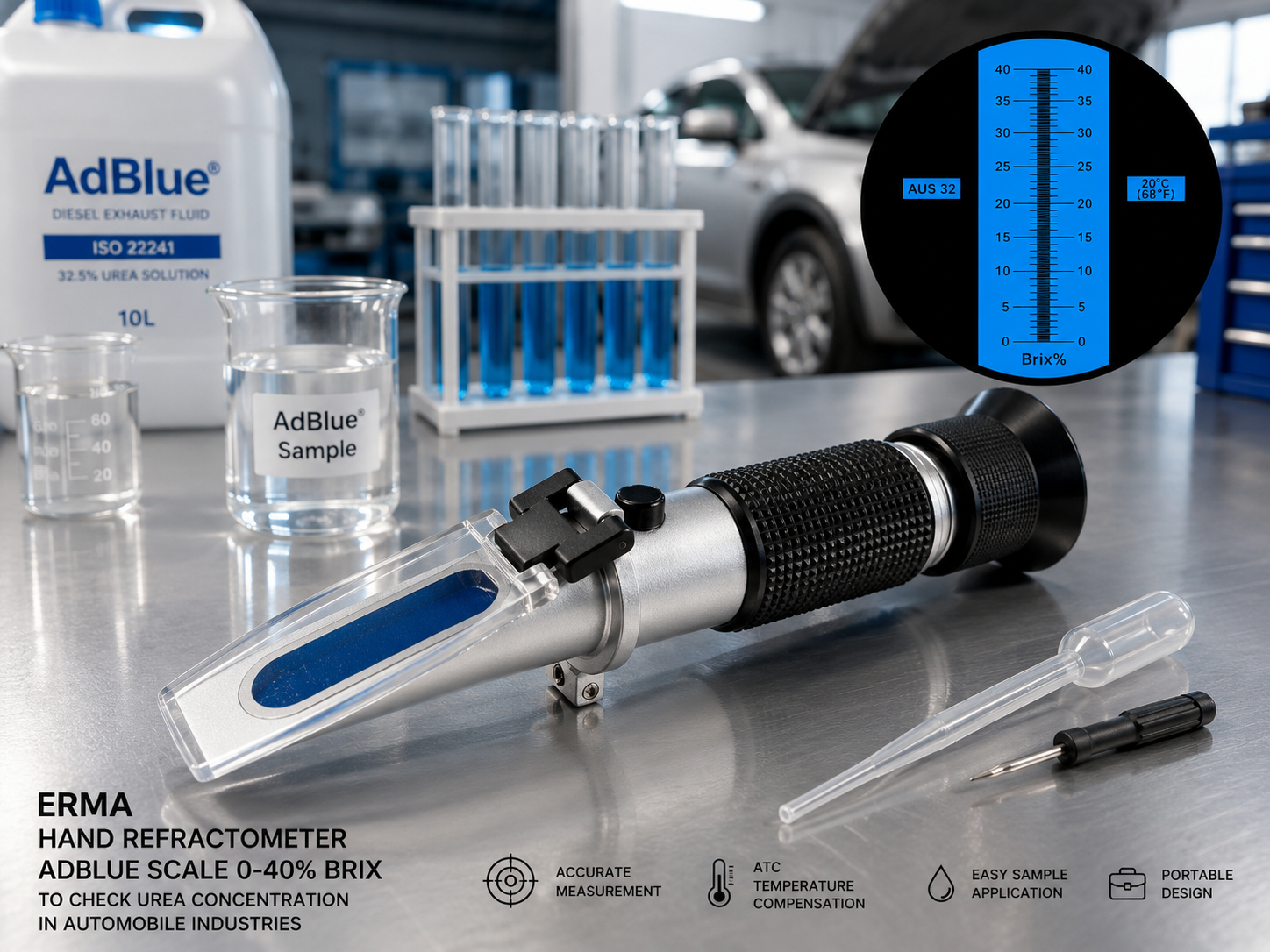 ERMA Hand Refractometer with 0–40% AdBlue/Urea scale for checking DEF concentration in automobile industries. Portable optical tester for workshops, diesel vehicles and fleet maintenance.