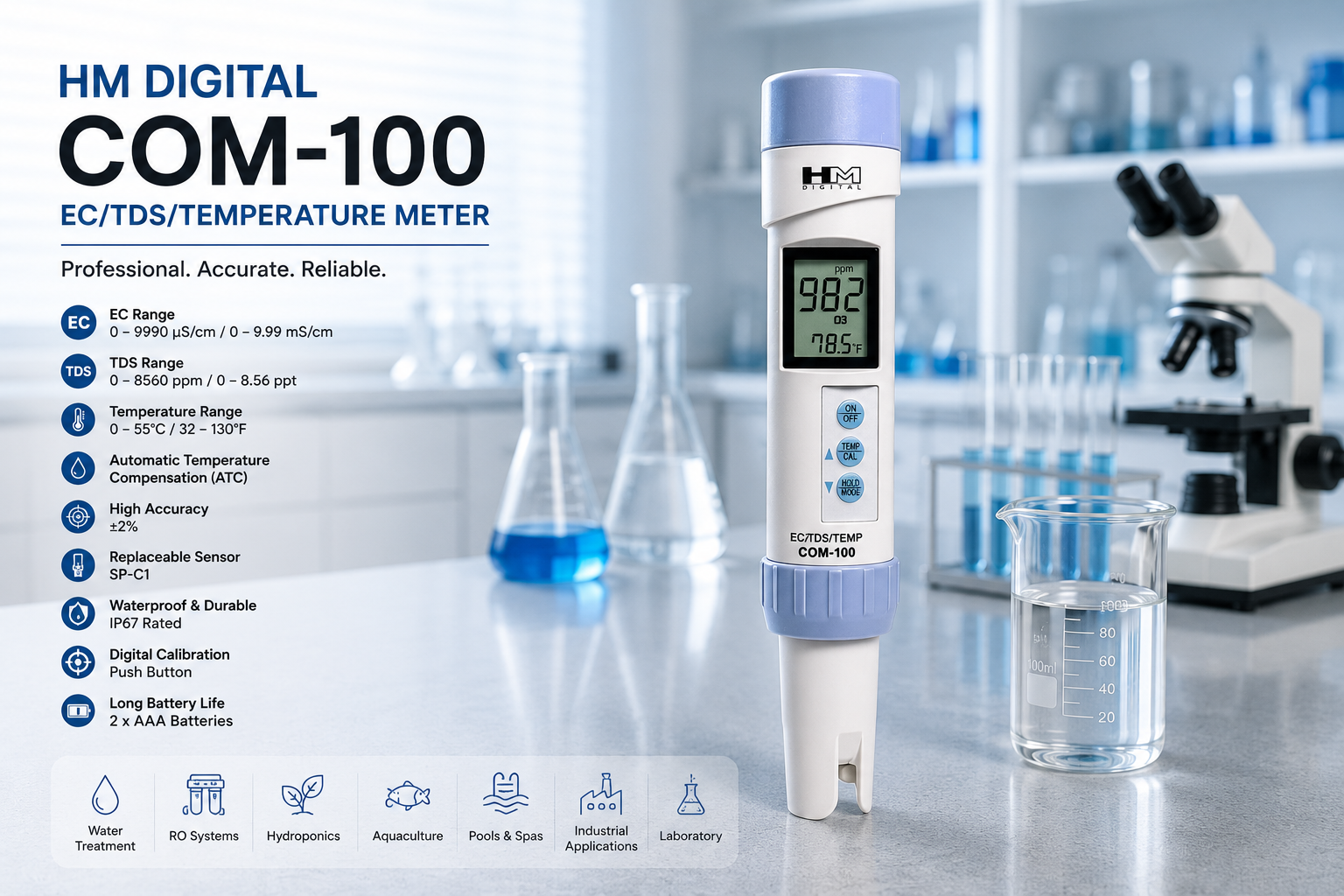 HM Digital COM-100 Waterproof Professional EC/TDS/Temperature Meter