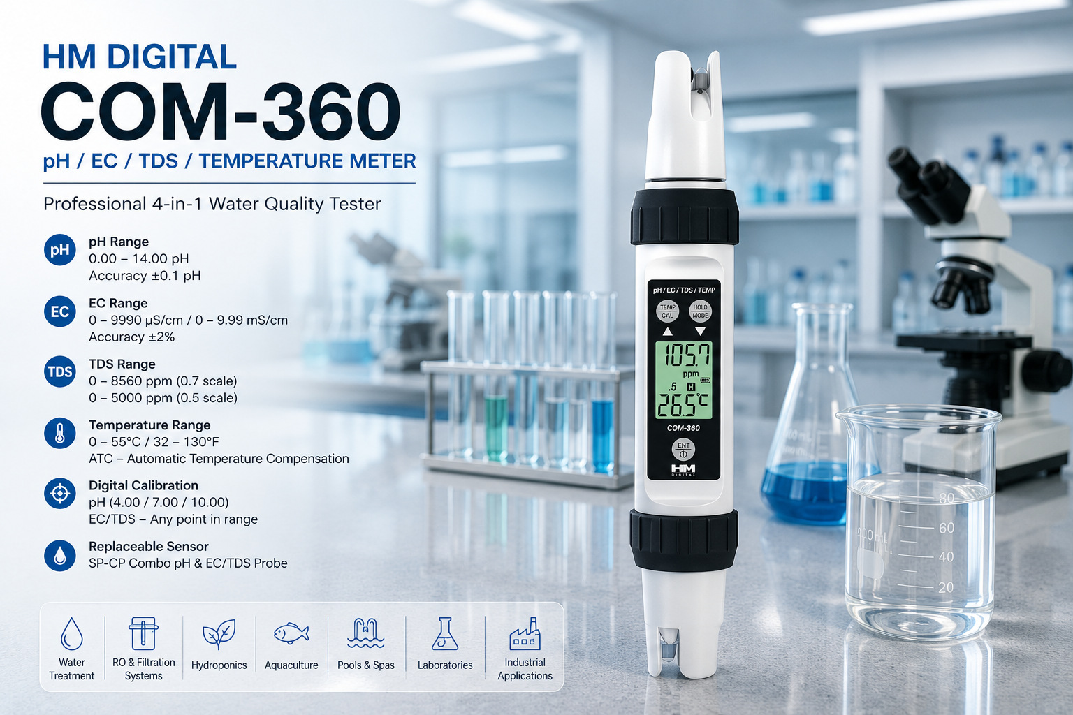 HM Digital COM-360 Professional Waterproof pH/EC/TDS/Temperature Meter