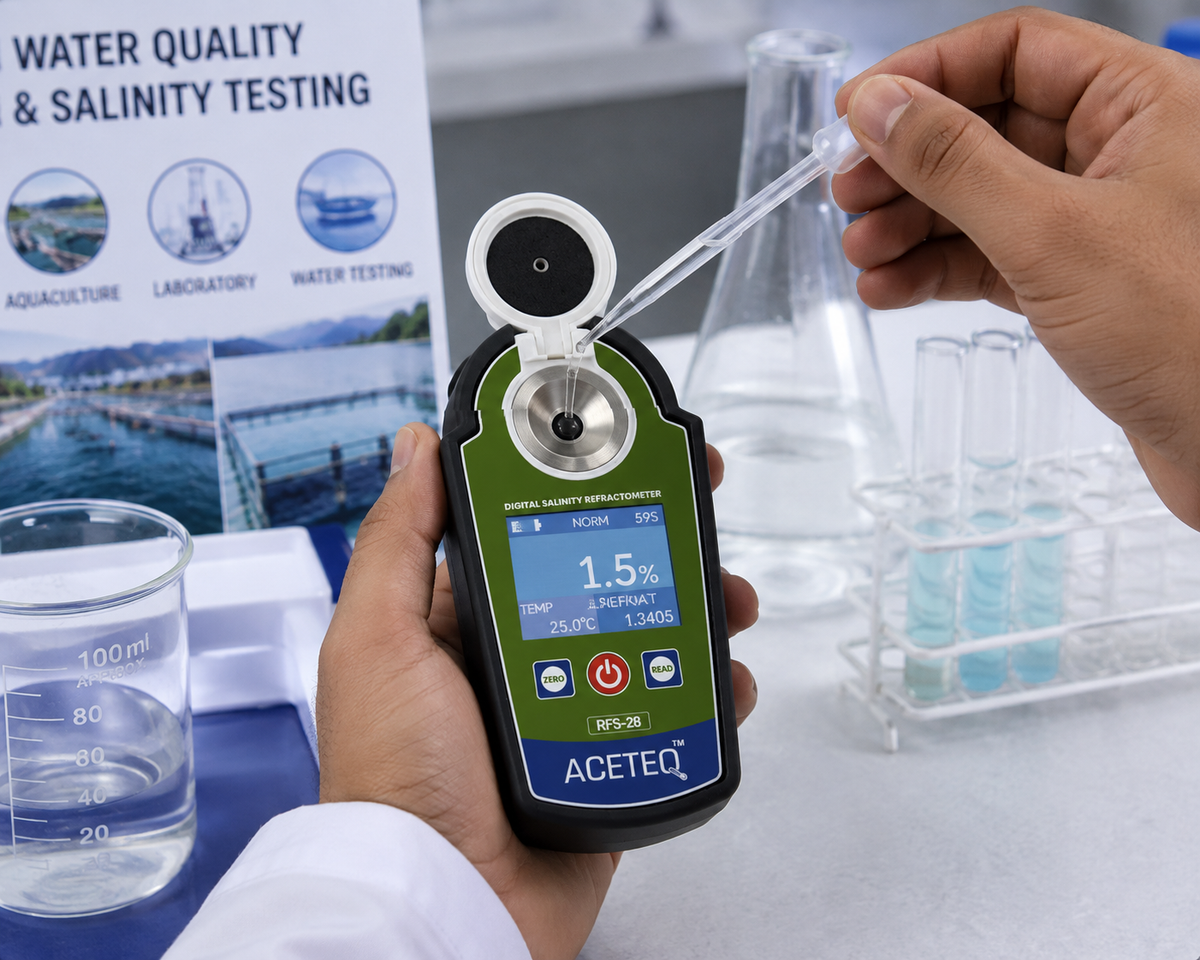 ACETEQ RFS-28 Digital Salinity Refractometer 0–28% | ±0.2% Accuracy | 0.1% Resolution | Automatic Temperature Compensation | RI & Temperature Measurement | Color LCD