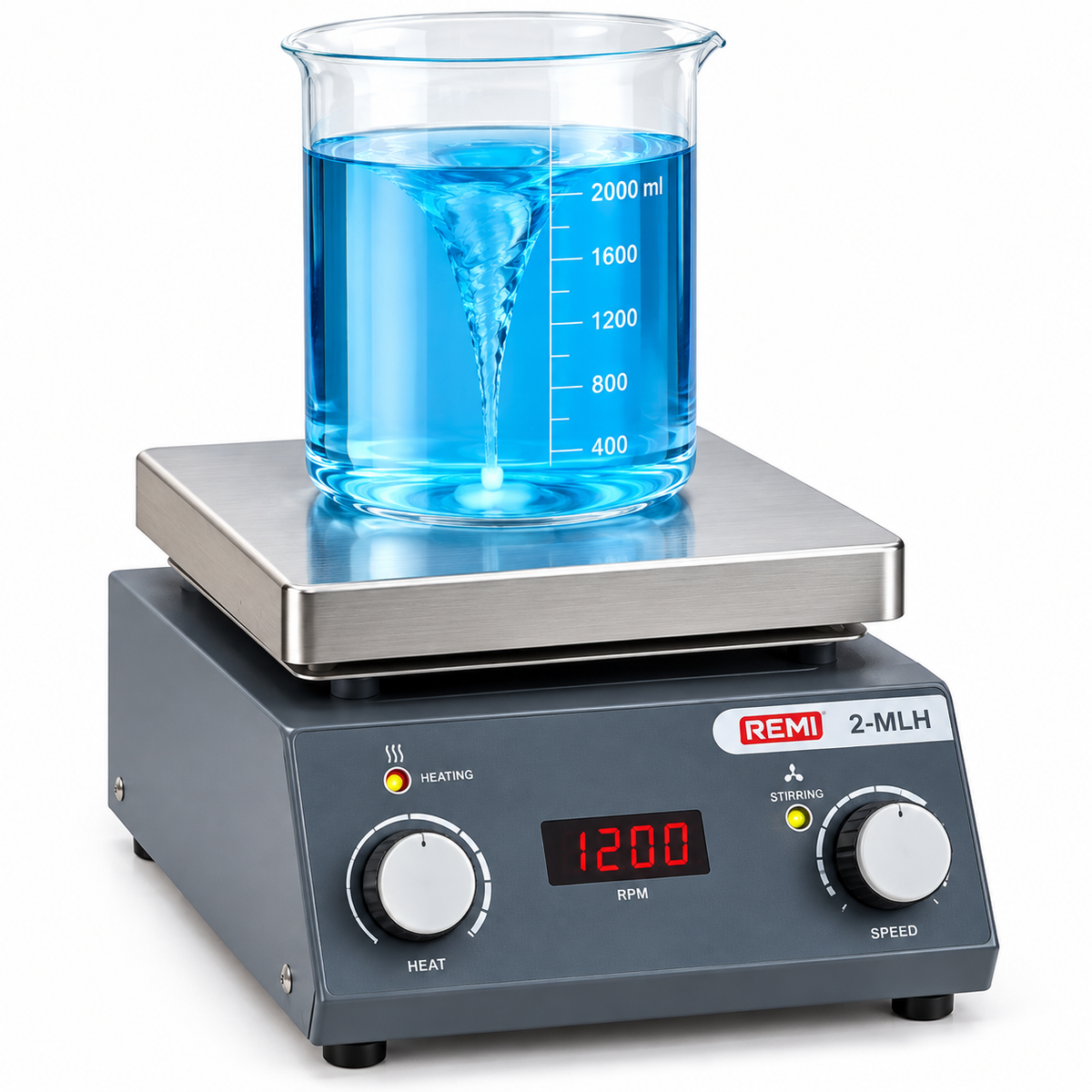 REMI 2-MLH Magnetic Stirrer with Hot Plate | 2 Litre Capacity | 300 W Heating | Up to 1200 RPM | PMDC Motor | Digital Speed Indicator | PTFE-Coated Paddle