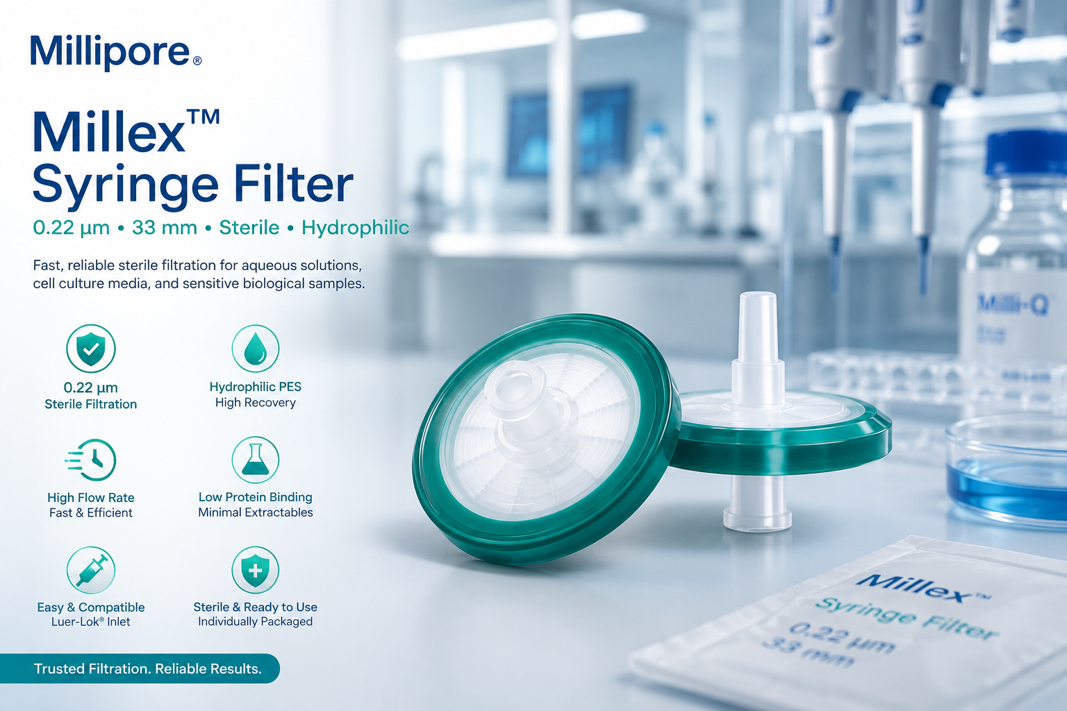 Millipore SLGPR33RS Millex™ Polyethersulfone (PES) Syringe Filter, 0.22 μm Pore Size, 33 mm Diameter, Sterile, Hydrophilic, Pack of 50