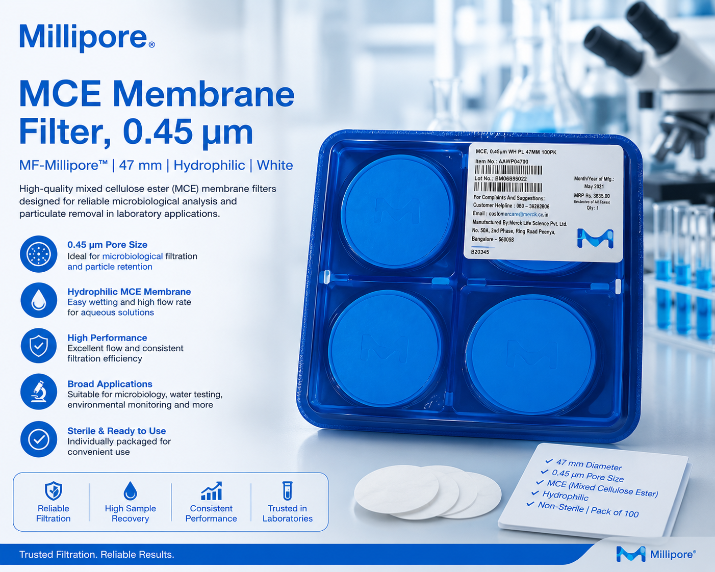Millipore AAWP04700 MF-Millipore™ Mixed Cellulose Ester (MCE) Membrane Filter, 0.8 μm Pore Size, 47 mm Diameter, Hydrophilic, White, Pack of 100 Discs