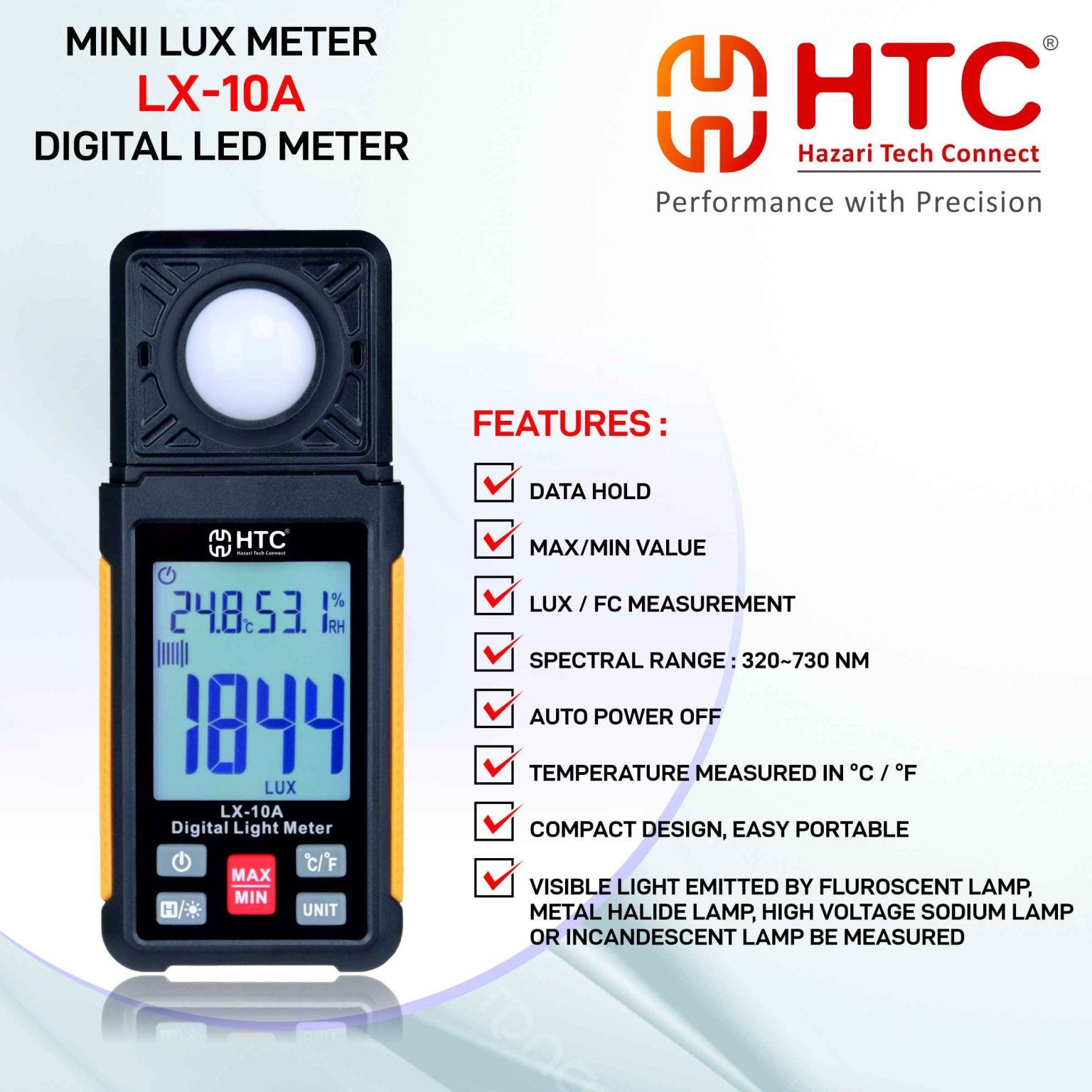 HTC LX-10A Mini Lux Meter | Digital Light Meter | 0–200,000 Lux | Lux/FC Measurement | Data Hold | Max/Min | Backlight