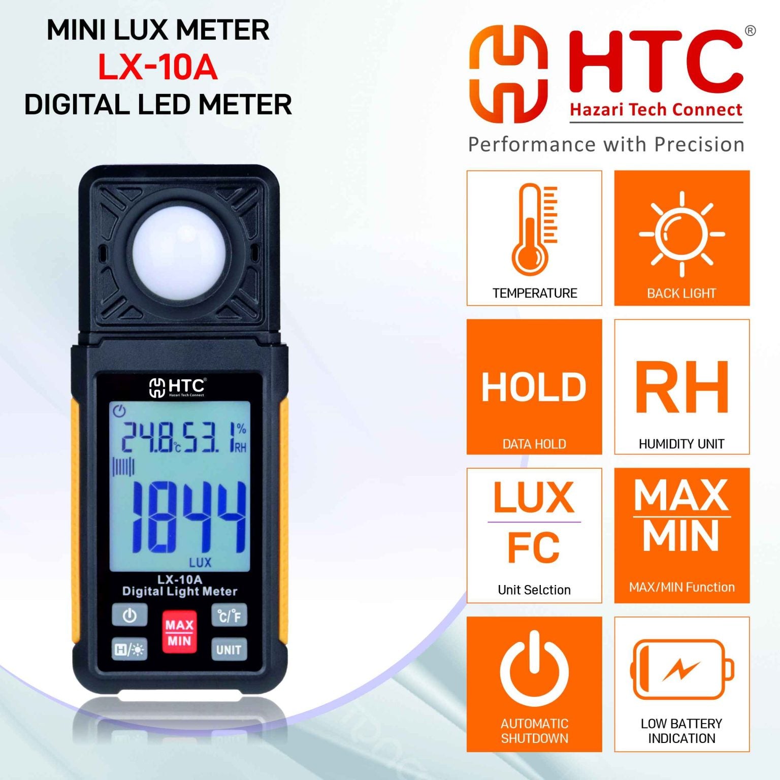 HTC LX-10A Mini Lux Meter | Digital Light Meter | 0–200,000 Lux | Lux/FC Measurement | Data Hold | Max/Min | Backlight