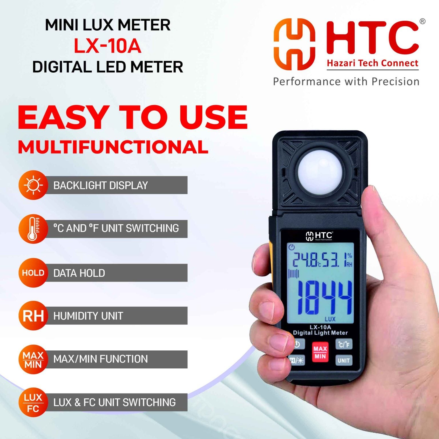 HTC LX-10A Mini Lux Meter | Digital Light Meter | 0–200,000 Lux | Lux/FC Measurement | Data Hold | Max/Min | Backlight