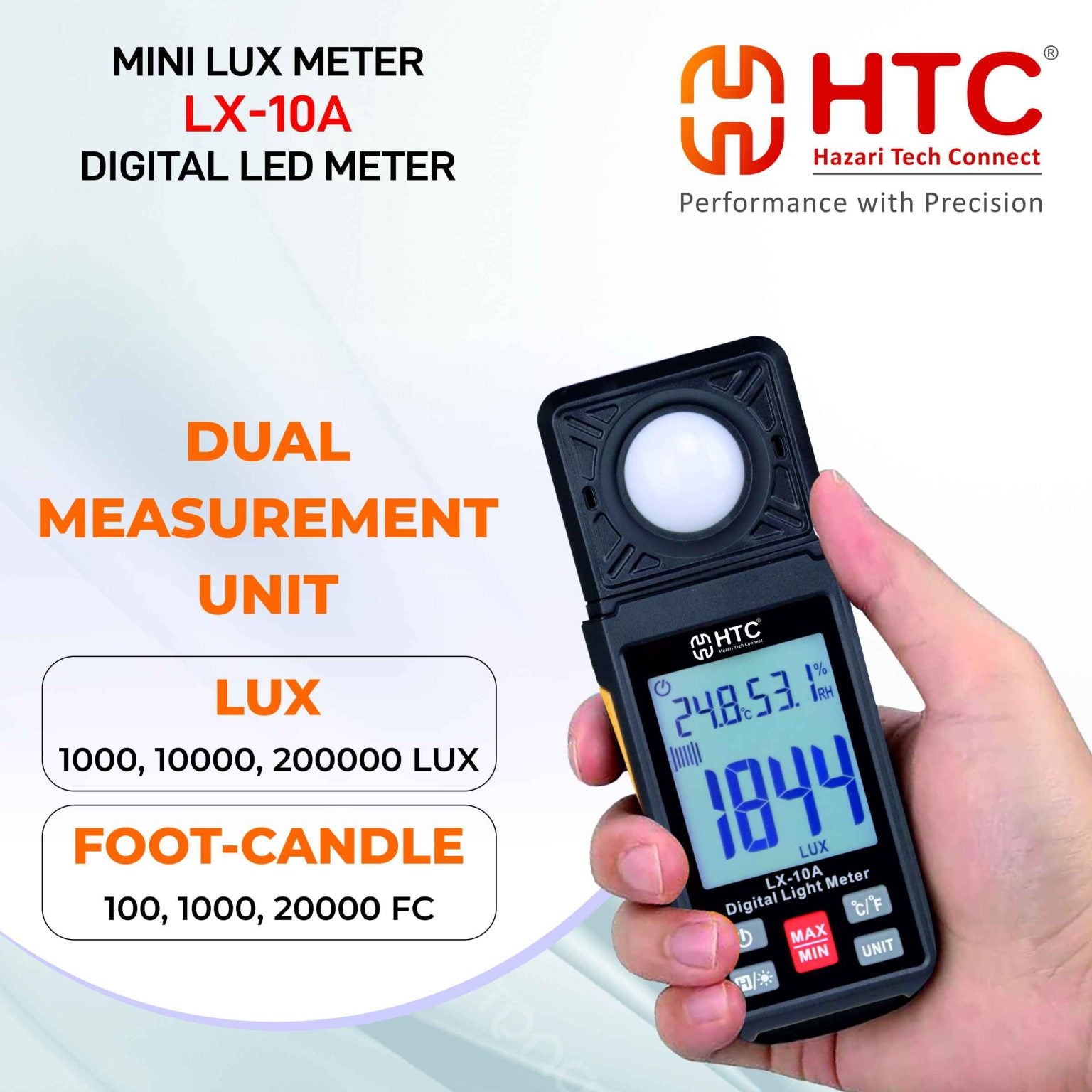 HTC LX-10A Mini Lux Meter | Digital Light Meter | 0–200,000 Lux | Lux/FC Measurement | Data Hold | Max/Min | Backlight