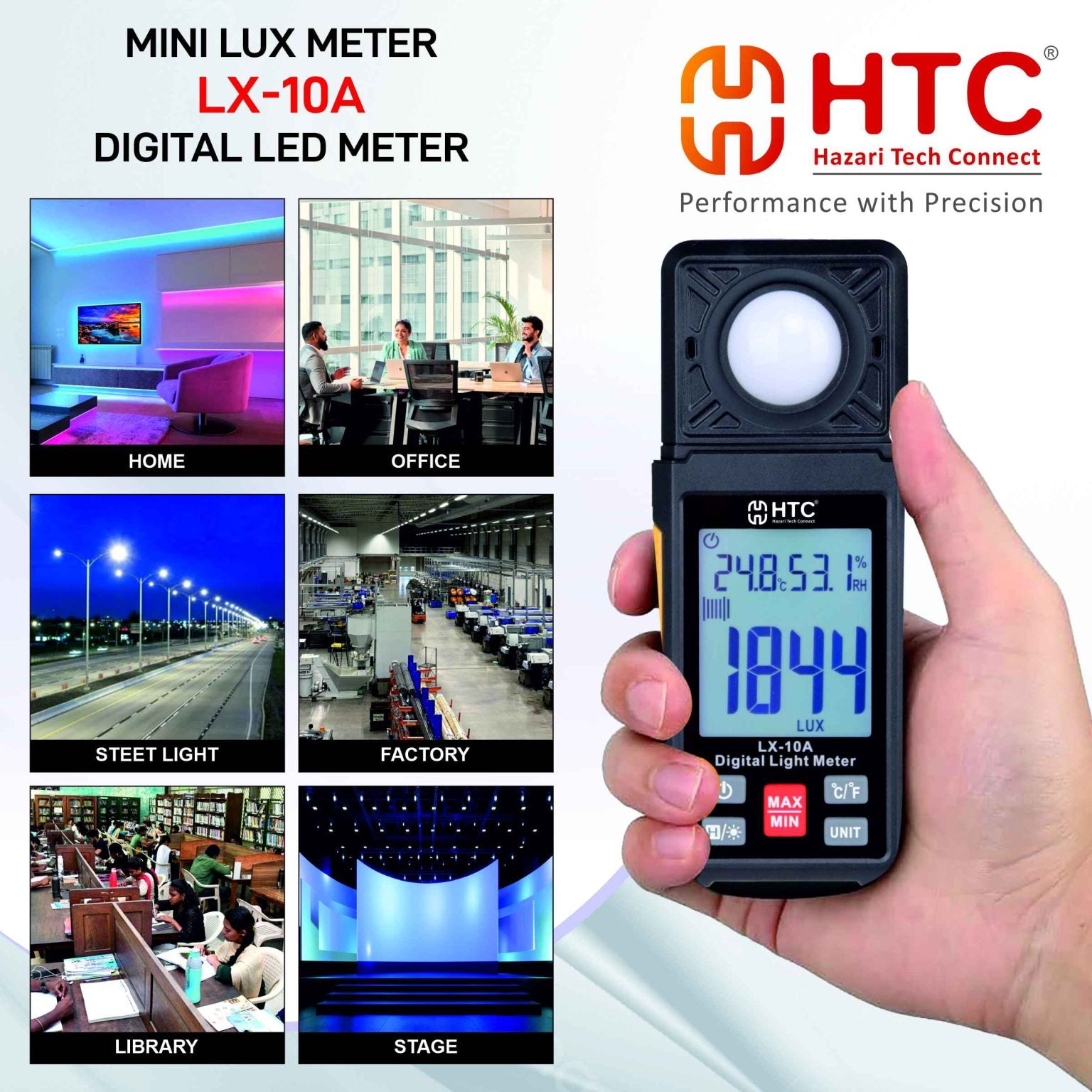 HTC LX-10A Mini Lux Meter | Digital Light Meter | 0–200,000 Lux | Lux/FC Measurement | Data Hold | Max/Min | Backlight
