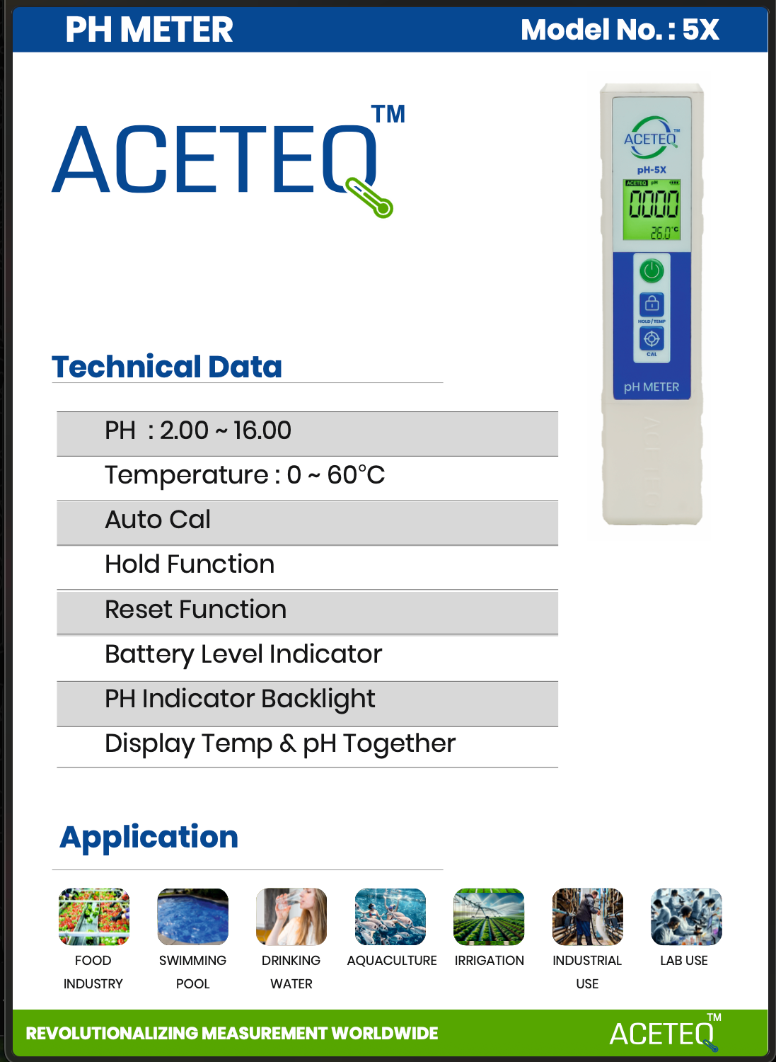 ACETEQ pH Meter 5X Digital pH Tester with Temperature Display, Auto Calibration, Hold & Reset Function