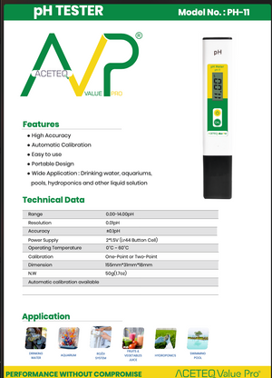 ACETEQ Value Pro PH-11 Digital pH Tester | 0.00–14.00 pH | 0.01 pH Resolution | ±0.1 pH Accuracy | Automatic Calibration | Portable Pocket pH Meter