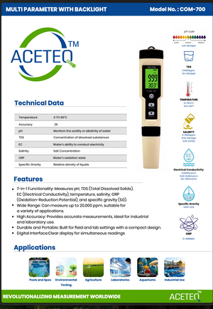 ACETEQ COM-700 7-in-1 Multi-Parameter Water Quality Meter | pH, TDS, EC, Salinity, ORP, Specific Gravity & Temperature | Backlit LCD