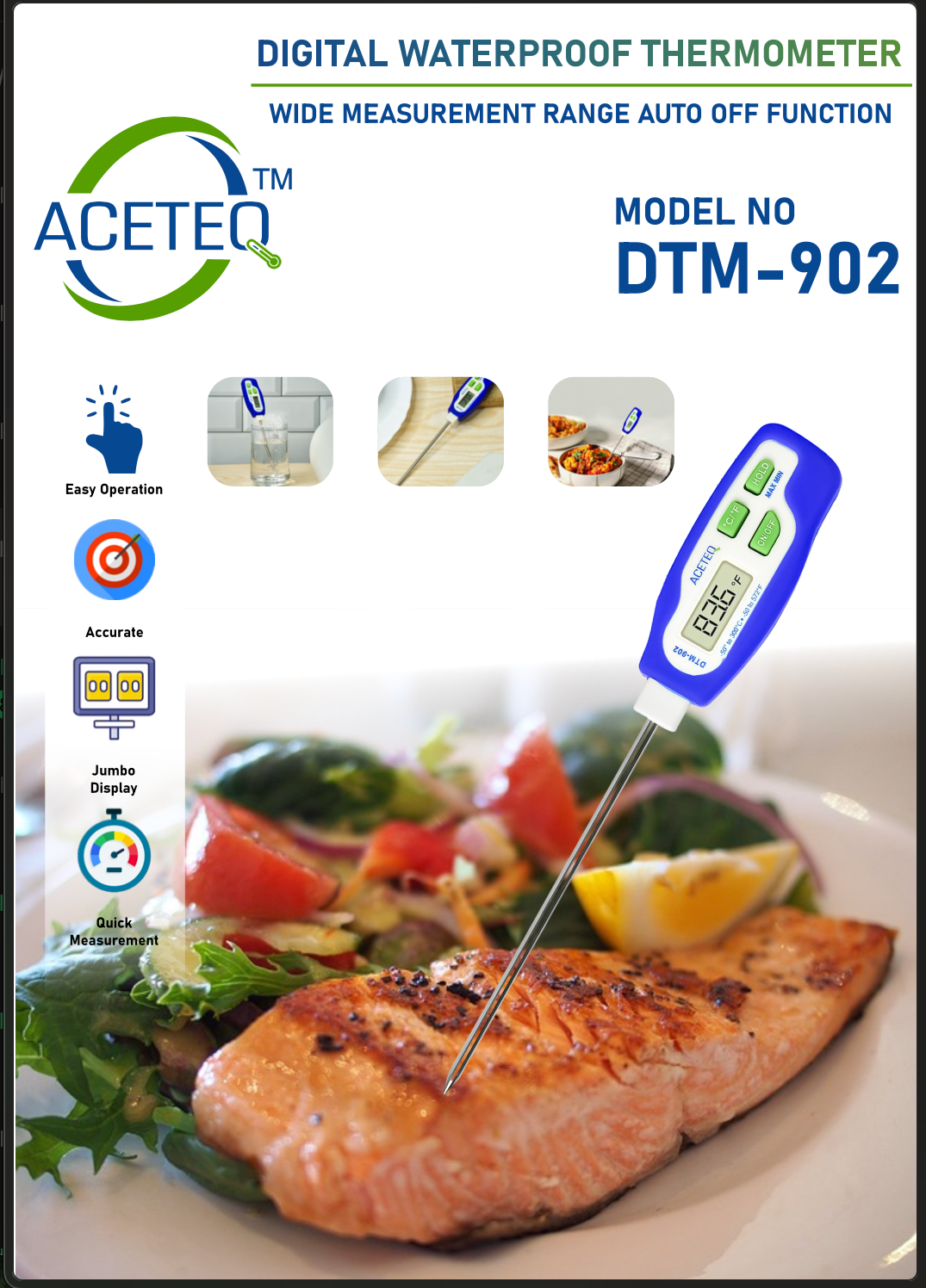 ACETEQ DTM-902 Waterproof Digital Thermometer | -50°C to 300°C | 0.1°C Resolution | MAX/MIN & HOLD | °C/°F | Pen-Type Temperature Meter