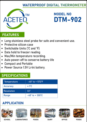 ACETEQ DTM-902 Waterproof Digital Thermometer | -50°C to 300°C | 0.1°C Resolution | MAX/MIN & HOLD | °C/°F | Pen-Type Temperature Meter