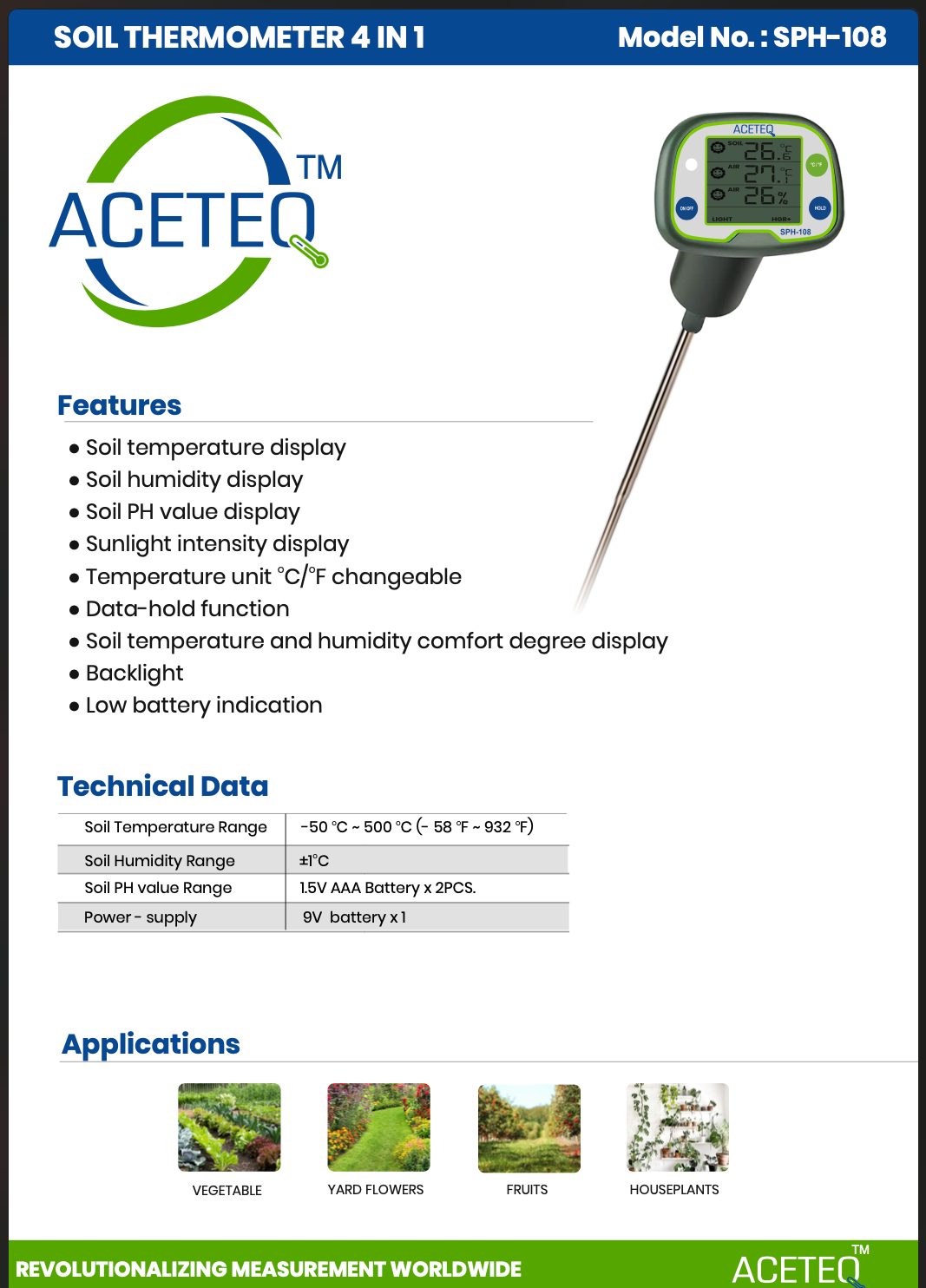 ACETEQ SPH-108 4-in-1 Soil Meter – Digital Soil Temperature, Humidity, pH & Sunlight Tester