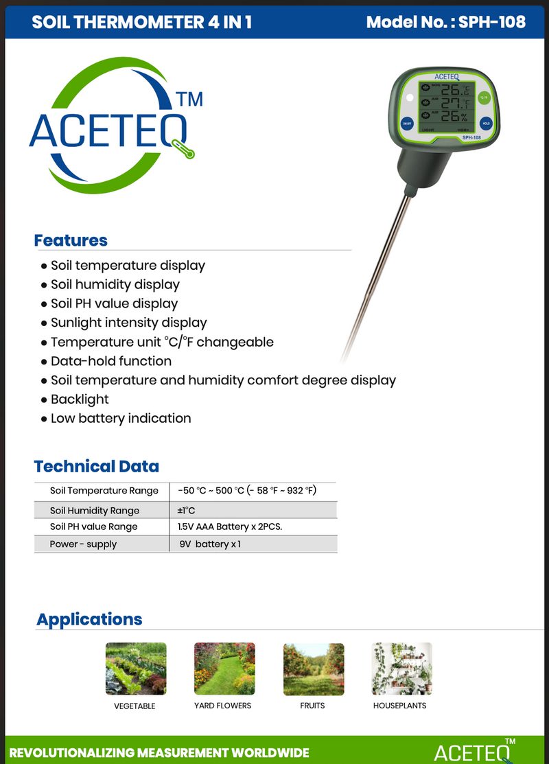 ACETEQ SPH-108 4-in-1 Soil Meter – Digital Soil Temperature, Humidity, pH & Sunlight Tester