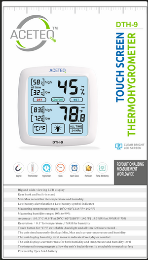 ACETEQ DTH-9 Digital Touch Screen Thermo-Hygrometer | Temperature & Humidity Meter | 500 ms Response Time | MAX/MIN Function | Large LCD Display | Laboratory & Indoor Monitoring