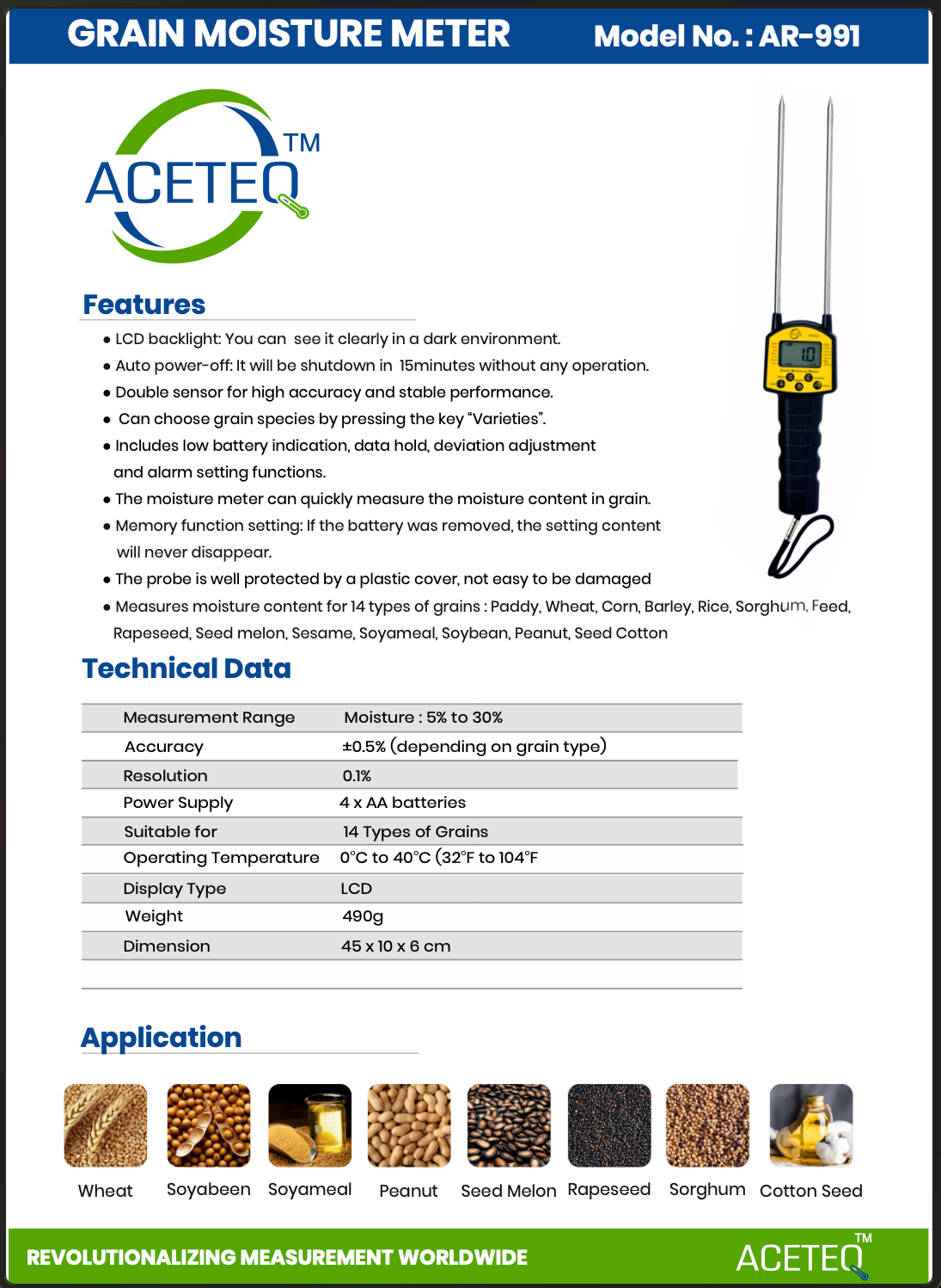 ACETEQ™ AR-991 Grain Moisture Meter | Digital Moisture Tester for Paddy, Wheat, Rice, Corn & 14 Grain Types