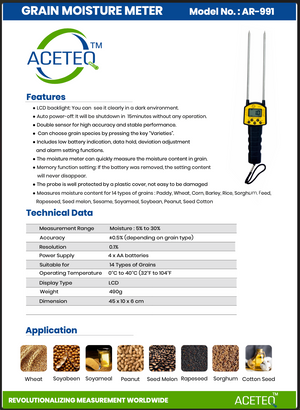 ACETEQ™ AR-991 Grain Moisture Meter | Digital Moisture Tester for Paddy, Wheat, Rice, Corn & 14 Grain Types