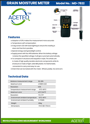 ACETEQ™ MD-7822 Digital Grain Moisture Meter | Moisture & Temperature Tester for Wheat, Paddy, Rice & Corn