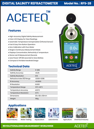 ACETEQ RFS-28 Digital Salinity Refractometer 0–28% | ±0.2% Accuracy | 0.1% Resolution | Automatic Temperature Compensation | RI & Temperature Measurement | Color LCD