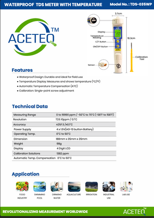 ACETEQ TDS-035WP Waterproof Digital TDS Meter with Temperature | 0–19,990 ppm | ±2% F.S. | -50°C to +70°C Temperature Display | Pen Type Water Quality Tester