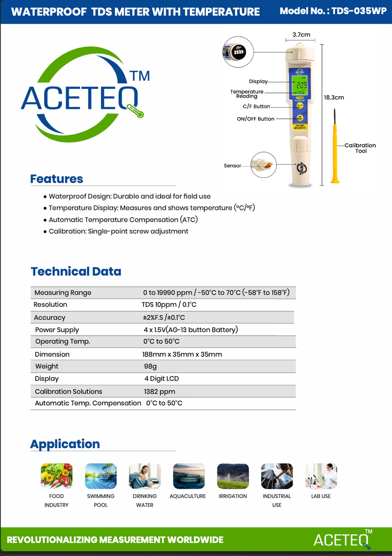ACETEQ TDS-035WP Waterproof Digital TDS Meter with Temperature | 0–19,990 ppm | ±2% F.S. | -50°C to +70°C Temperature Display | Pen Type Water Quality Tester