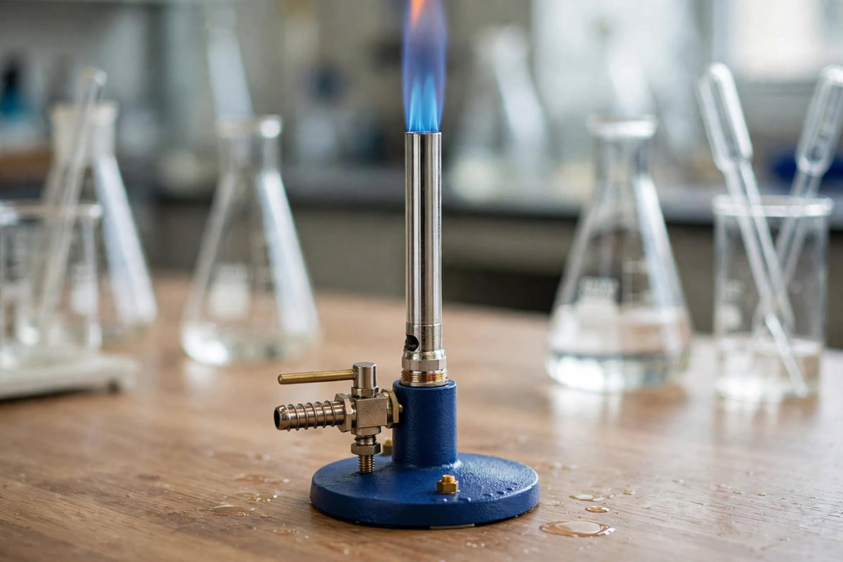 Bunsen Burner with Stop Cock – Cast Iron Powder-Coated Base, Chrome-Plated Brass Burner Tube, Screw-Type Air Regulator