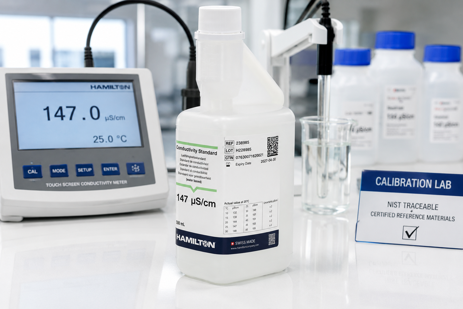 Hamilton Conductivity Standard 147 µS/cm, Basic Line, Water Base, NIST Traceable, 500 mL | Conductivity Calibration Solution | Part No. 238985