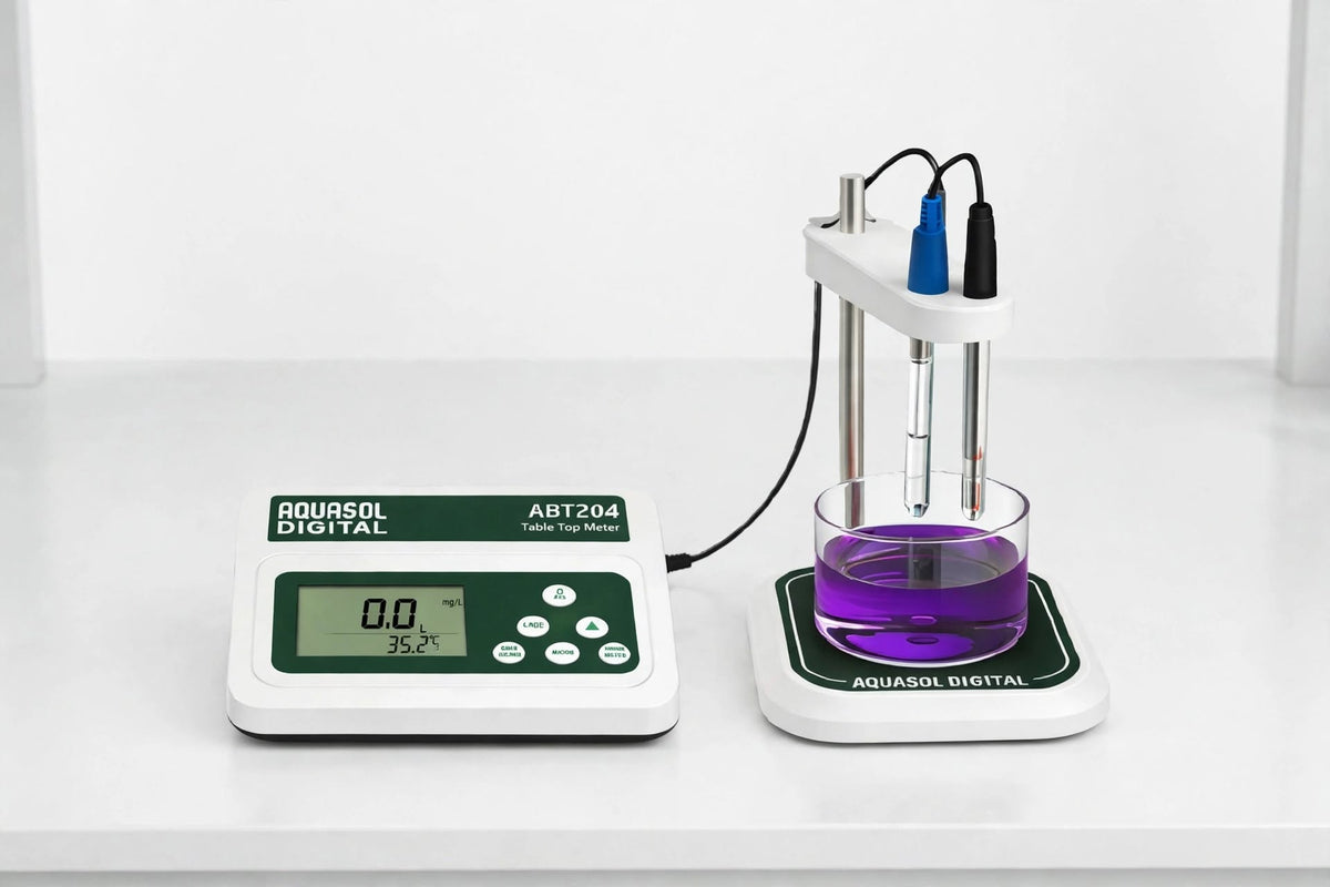 AQUASOL DIGITAL ABT204 Table Top Dissolved Oxygen (DO) & Temperature Meter with Magnetic Stirrer | 0–20.00 mg/L DO | 0–200.0% O₂ | 0–110°C | Built-in ATC | Memory & USB Connectivity