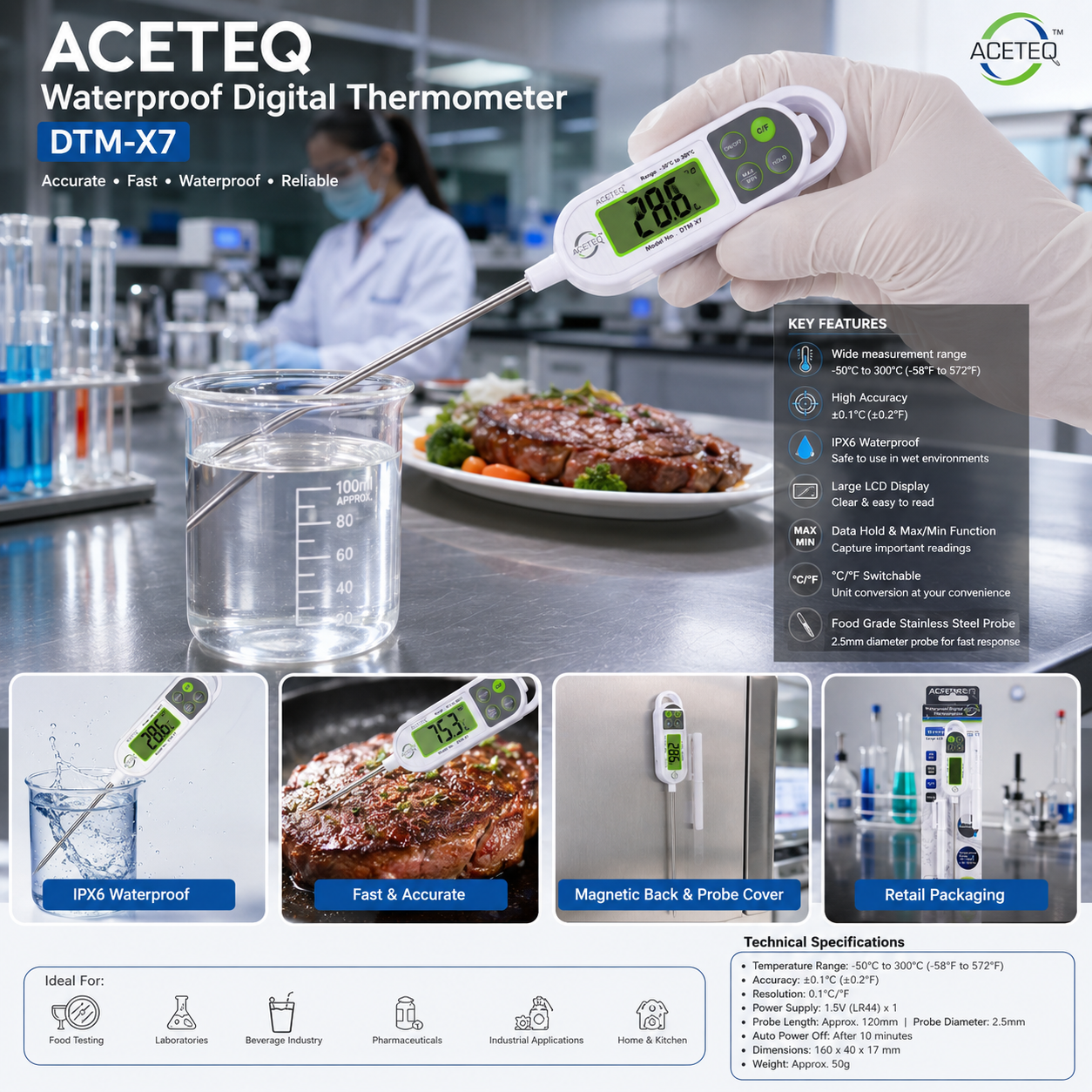 ACETEQ DTM-X7 Waterproof Digital Thermometer, -50°C to 300°C, IPX6, Stainless Steel Probe, 0.1°C Resolution
