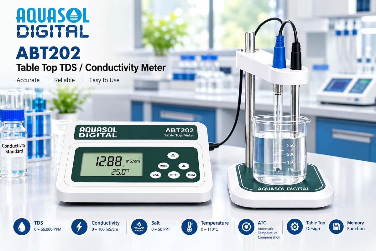 AQUASOL DIGITAL ABT202 Table Top TDS / Conductivity Meter | 0–66,000 PPM TDS | 0–100 mS/cm Conductivity | 0–50 PPT Salt | ATC | 0–110°C Temperature