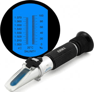Erma Handheld Salinity Refractometer with ATC, 0–100 PPT Salinity & 1.000–1.070 Specific Gravity, Dual Scale Seawater Tester for Aquarium and Marine Applications