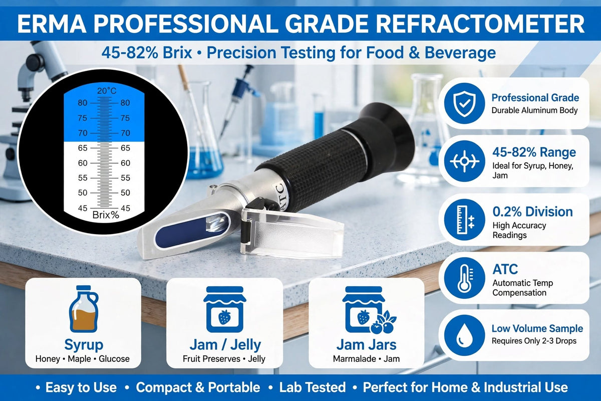 Erma Hand Refractometer 45-82% Brix Professional Grade Optical Hand Held Refractometer, Sugar Type for Syrup, Jelly, Jam Low Volume, 45-80° Brix Range, 0.2° Brix Division