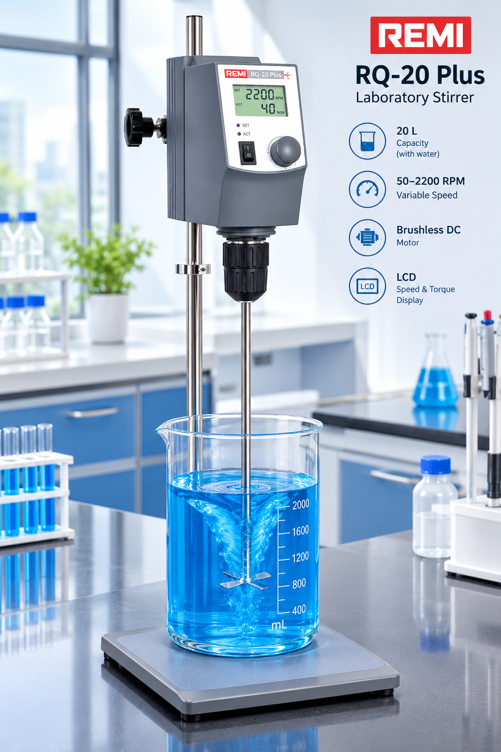 REMI RQ-20 Plus Laboratory Stirrer | 20 L Capacity | 50–2200 RPM | Brushless DC Motor | LCD Speed & Torque Display