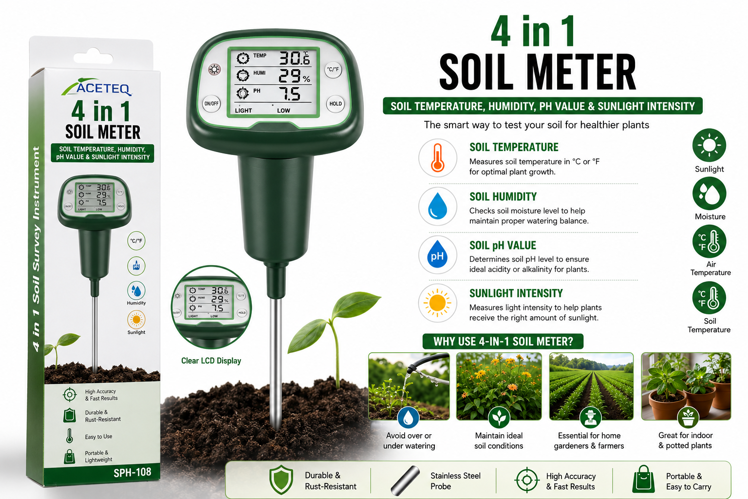ACETEQ SPH-108 Soil PH Meter, Tests Soil pH Value, Temperature, Humidity & Sunlight Testing Meter
