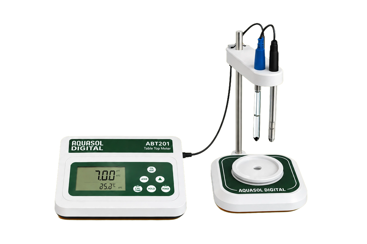 Aquasol Digital Table Top pH Meter ABT201M with Built-In Magnetic Stirrer | pH Range (-2) to 16 pH with Stirrer | ORP / pH / Temp | 5-Point Calibration, ATC, Memory | Lab Grade