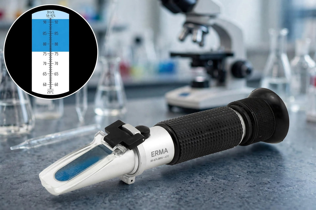 Erma Hand Refractometer 58–92% Brix – Optical Handheld Sugar Refractometer, 0.2° Brix Division