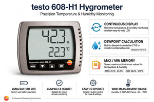 Testo 608-H1 Digital Thermohygrometer | Temperature & Humidity Meter | Dew Point Display | 0 to +50 °C | 10 to 95 %RH | Model 0560 6081