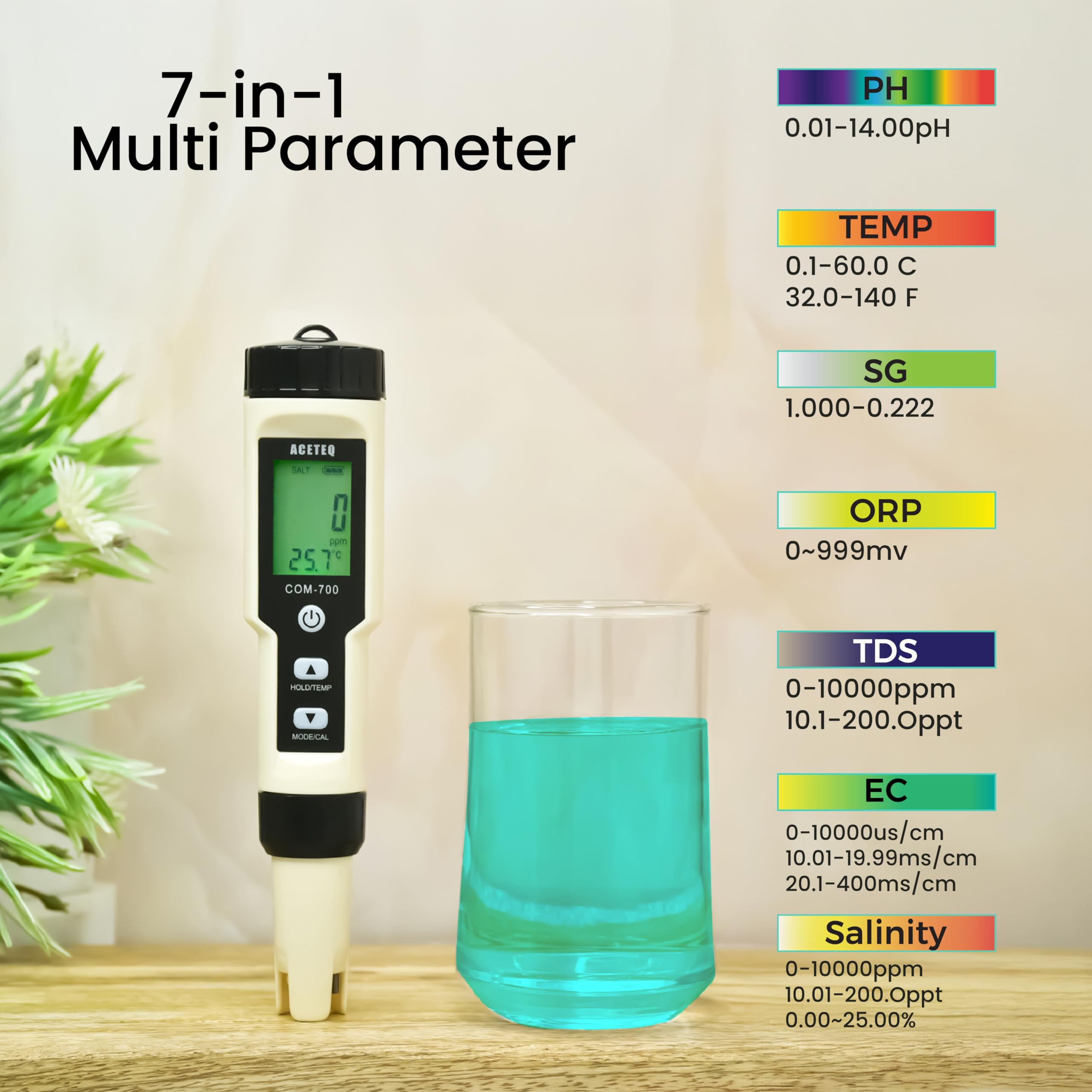 ACETEQ COM-700 7-in-1 multifunction water quality meter
Measures pH, EC, TDS, ORP, Salinity, Specific Gravity & Temperature