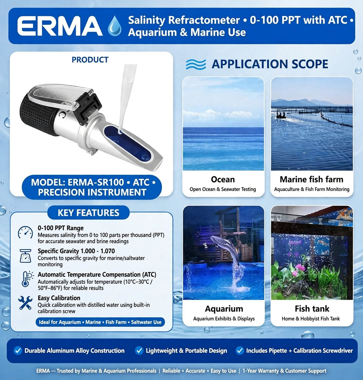 Erma Handheld Salinity Refractometer with ATC, 0–100 PPT Salinity & 1.000–1.070 Specific Gravity, Dual Scale Seawater Tester for Aquarium and Marine Applications