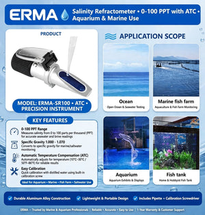 Erma Handheld Salinity Refractometer with ATC, 0–100 PPT Salinity & 1.000–1.070 Specific Gravity, Dual Scale Seawater Tester for Aquarium and Marine Applications