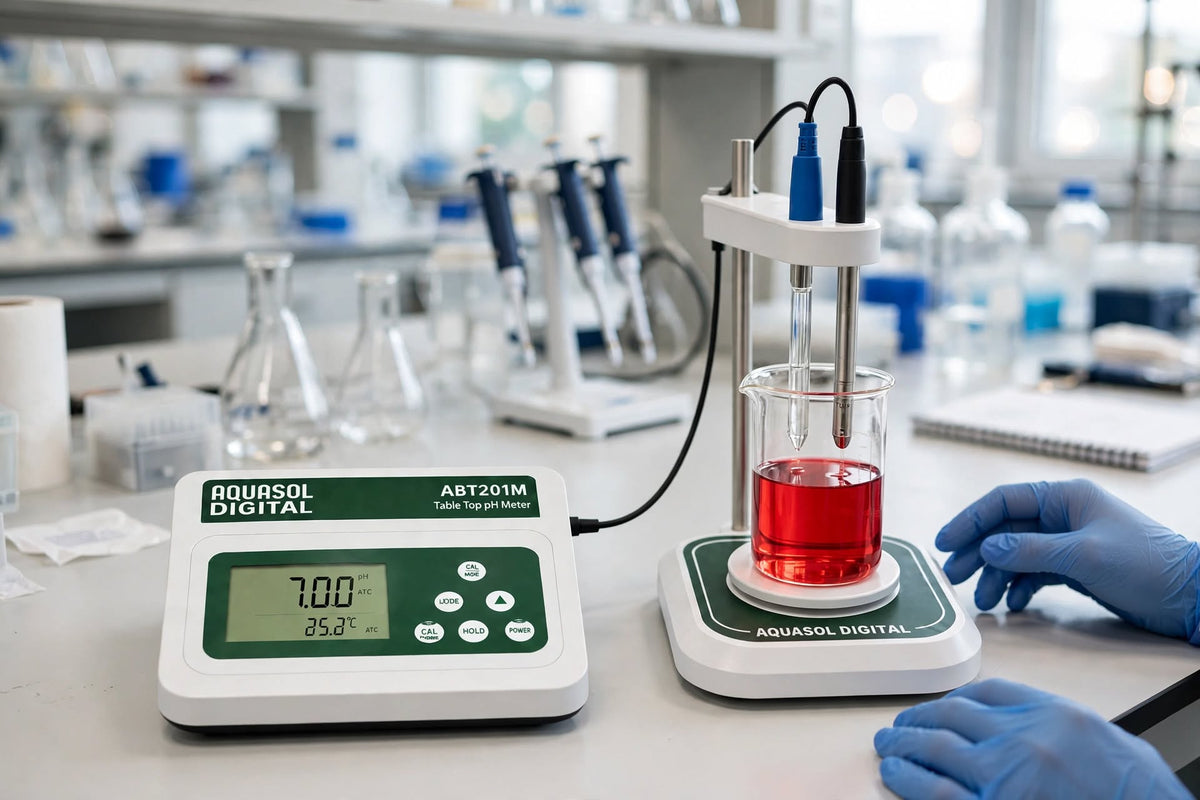 Aquasol Digital Table Top pH Meter ABT201M with Built-In Magnetic Stirrer | pH Range (-2) to 16 pH with Stirrer | ORP / pH / Temp | 5-Point Calibration, ATC, Memory | Lab Grade