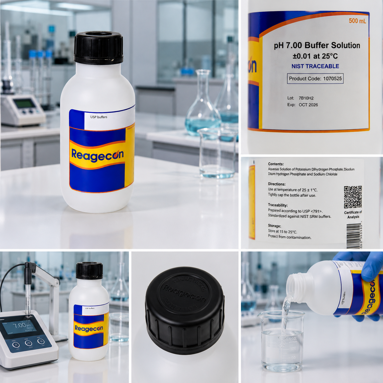 REAGECON pH 7.00 Buffer Solution ±0.01 at 25°C, 500 mL, NIST TRACEABLE 
Product Code: 1070525