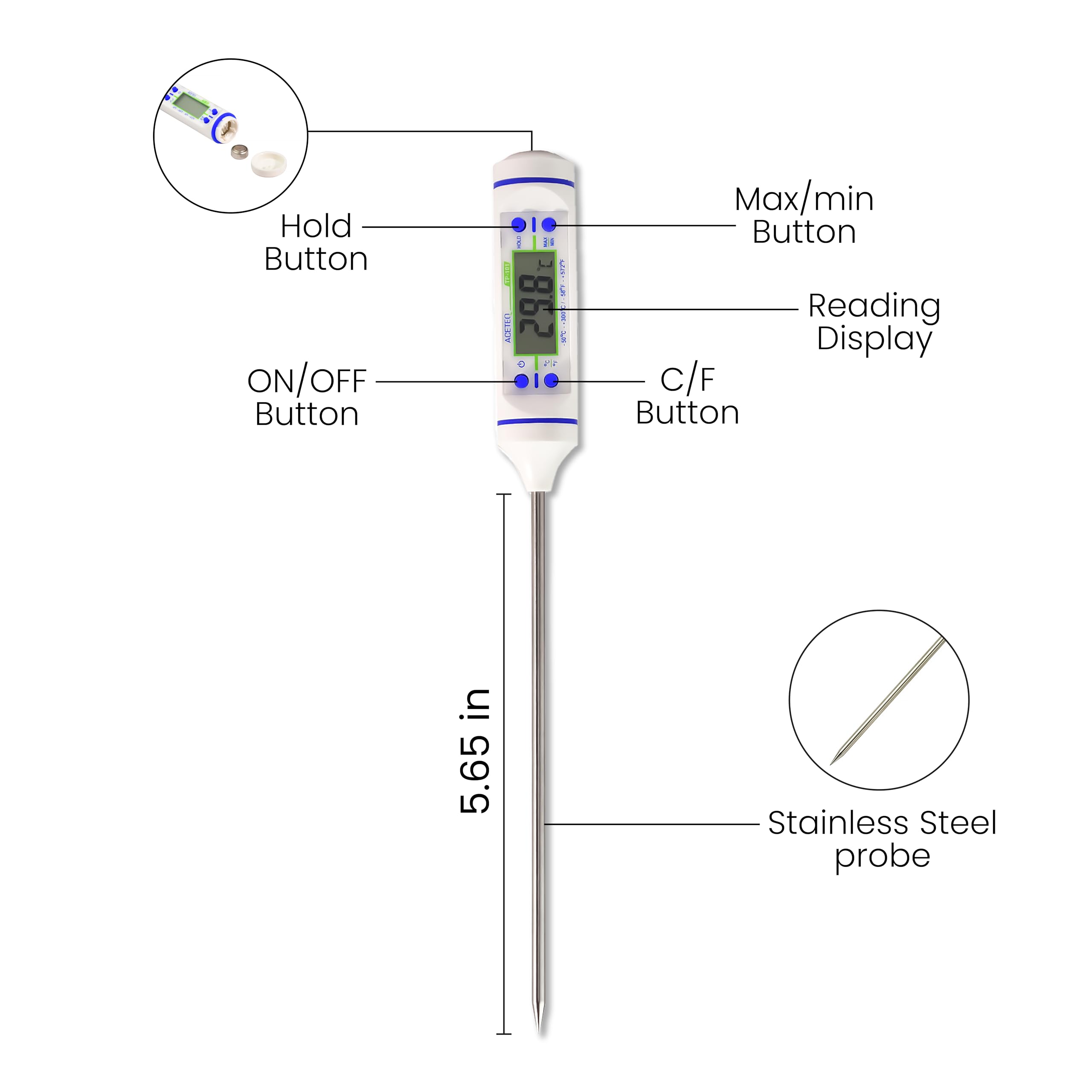 ACETEQ TP-101 Digital Probe Thermometer with Stainless Steel Probe, LCD Display, °C/°F Selection, Hold & Max/Min Functions