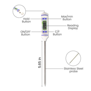 ACETEQ TP-101 Digital Probe Thermometer with Stainless Steel Probe, LCD Display, °C/°F Selection, Hold & Max/Min Functions