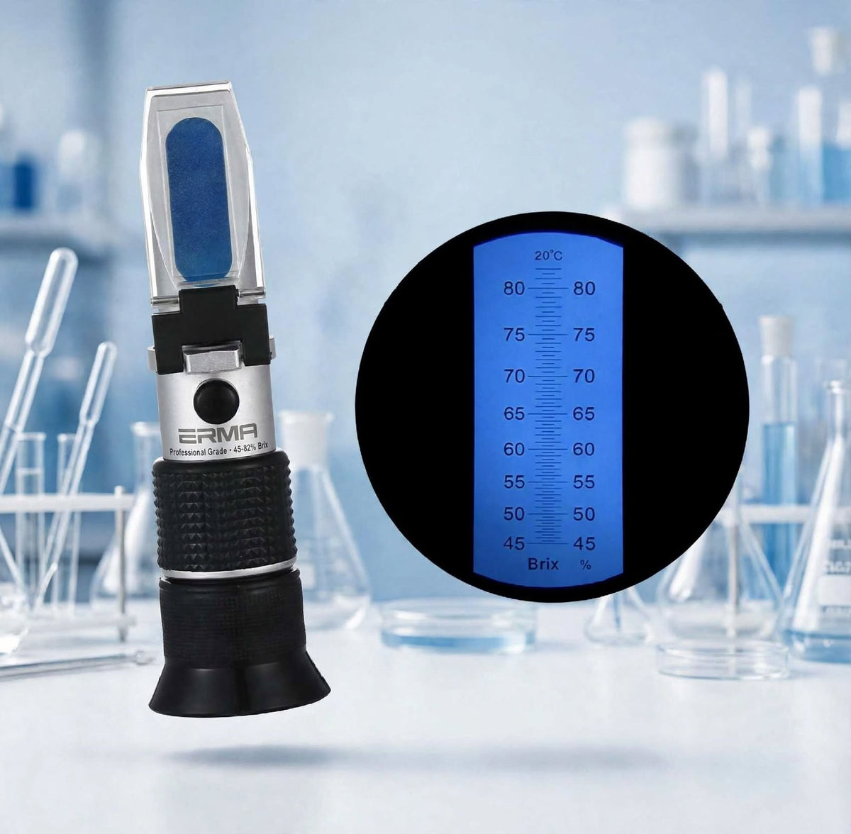 Erma Hand Refractometer 45-82% Brix Professional Grade Optical Hand Held Refractometer, Sugar Type for Syrup, Jelly, Jam Low Volume, 45-80° Brix Range, 0.2° Brix Division